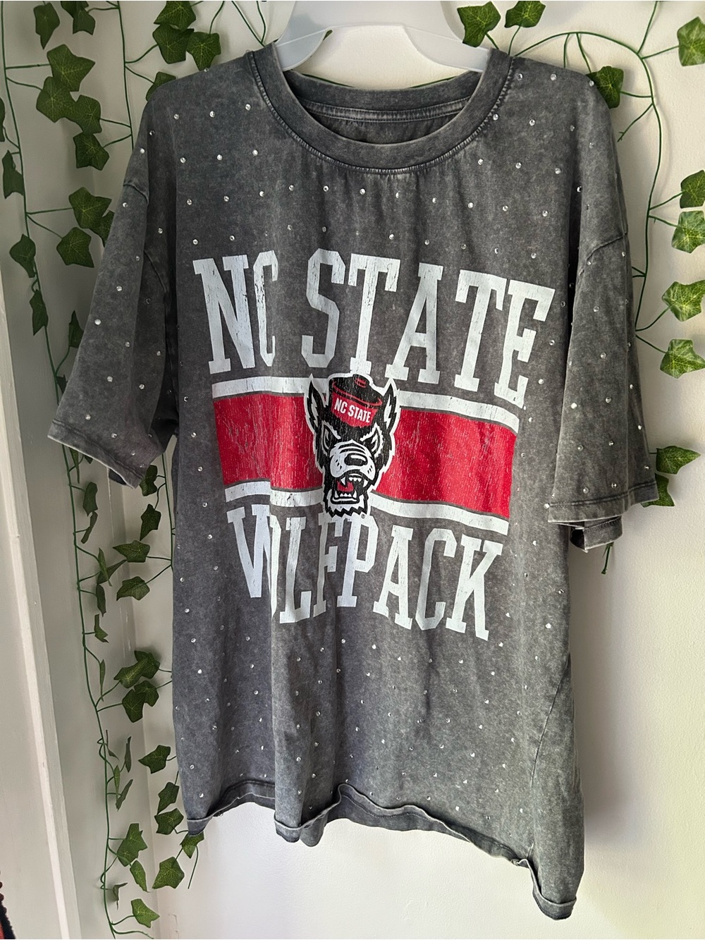 NC State Wolfpack Graphic Tee Featuring Rhinestone Vintage Wash - Gray & Red